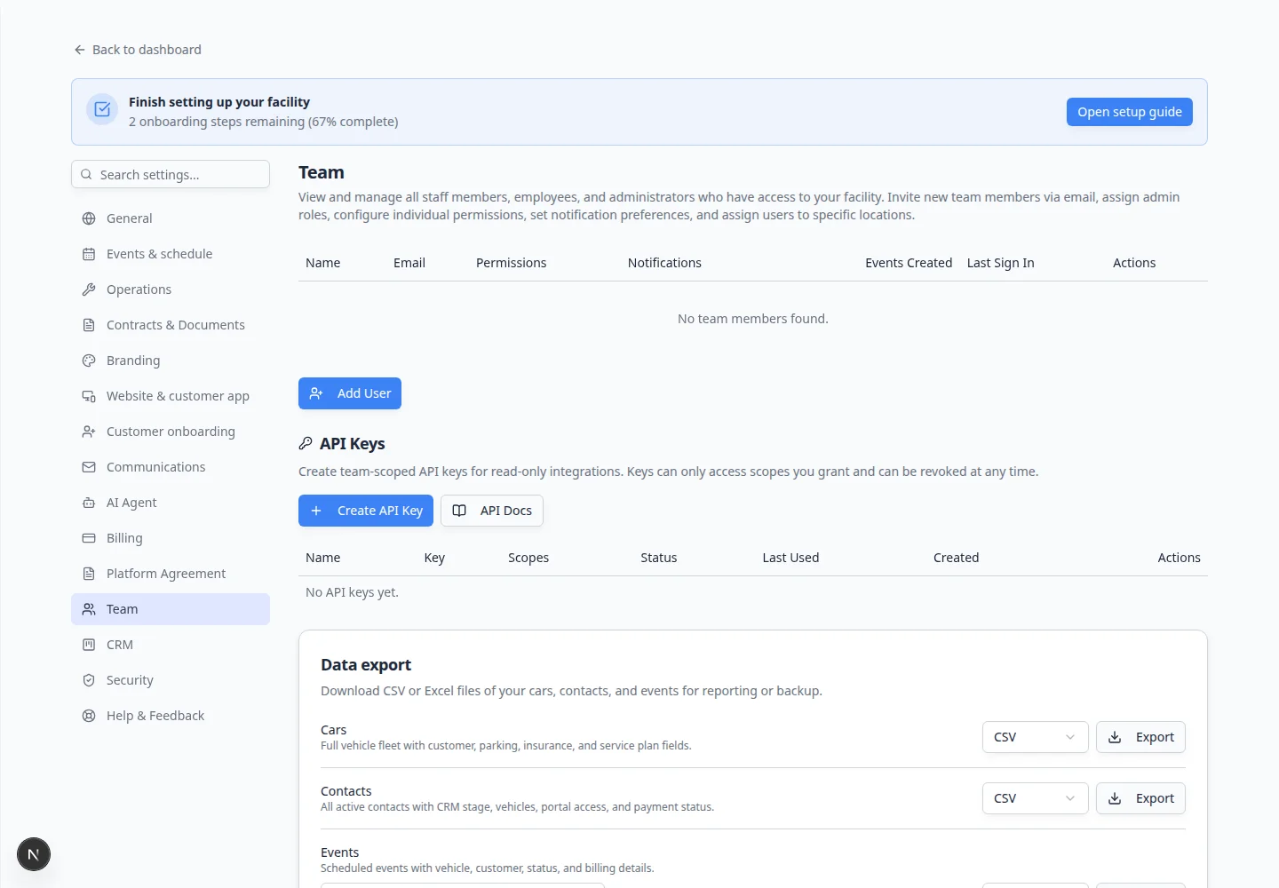 Team settings page showing Default dashboard layout section with dashboard widget options