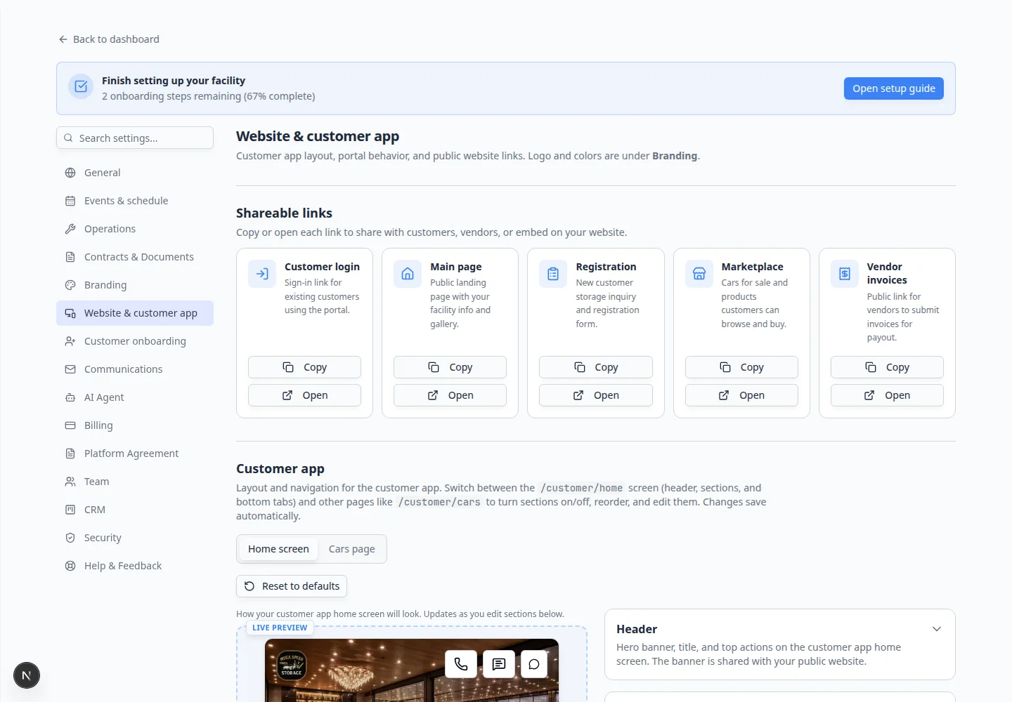 Website and customer app settings showing Customer shop with Group product options toggle and customer tag display order list